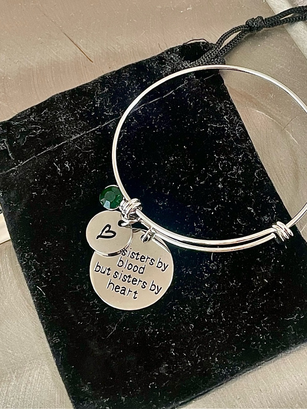 Sisters by Heart Silver Bangle Bracelet with Green Accent